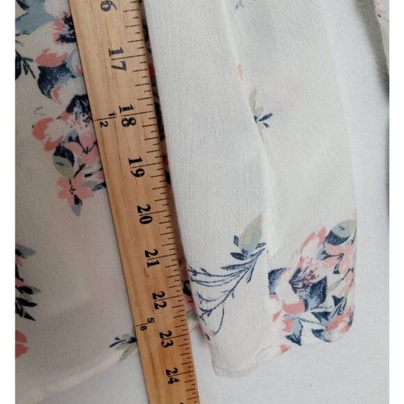 Hollister Top Blouse Womens Medium White Blue Pink Floral Bell Sleeves Drawstrin - Picture 9 of 10